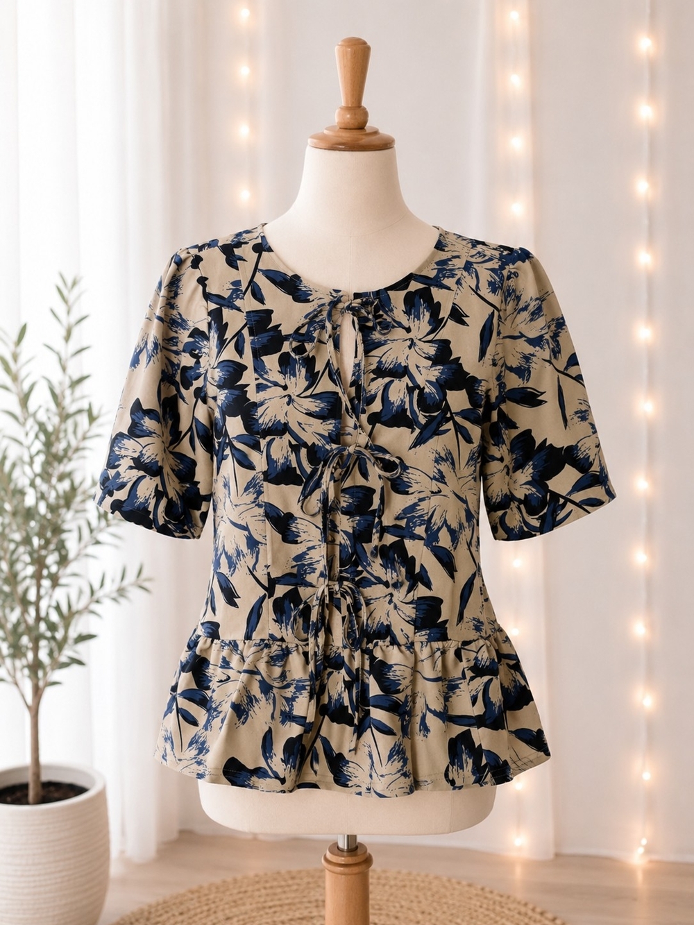 Melloday Blue Floral Tie Front Peplum Blouse Small Puff Sleeve Top